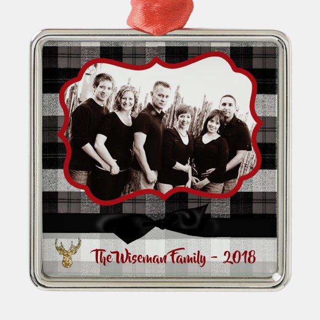 Personalized Christmas Plaid Deer PHOTO Ornament (Front)