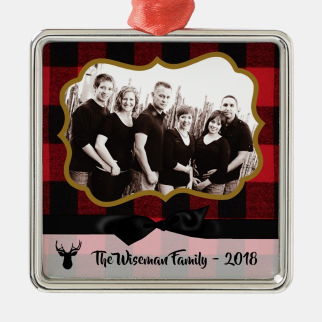 Personalized Christmas Plaid Deer PHOTO Ornament (Front)