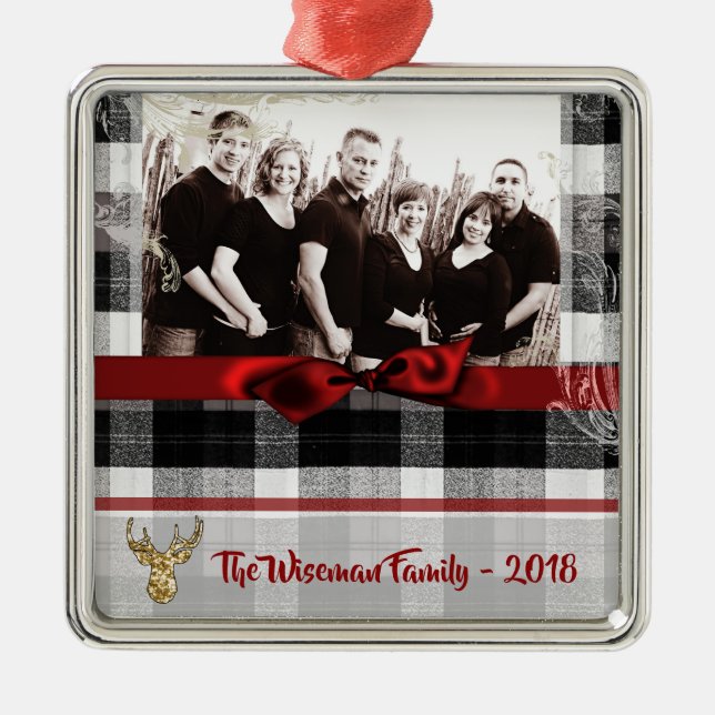 Personalized Christmas Plaid Deer PHOTO Ornament (Front)