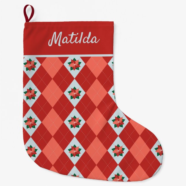Personalized Christmas Poinsettia Argyle Large Christmas Stocking (Front)