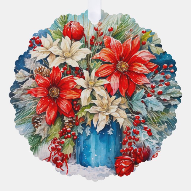 Personalized Christmas Poinsettia, Berries Bouquet Ornament Card (Front)