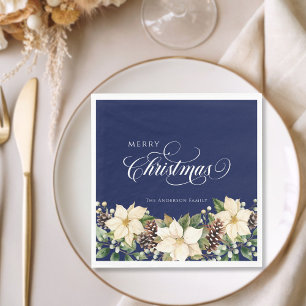 Personalized Christmas Poinsettia blue Napkin
