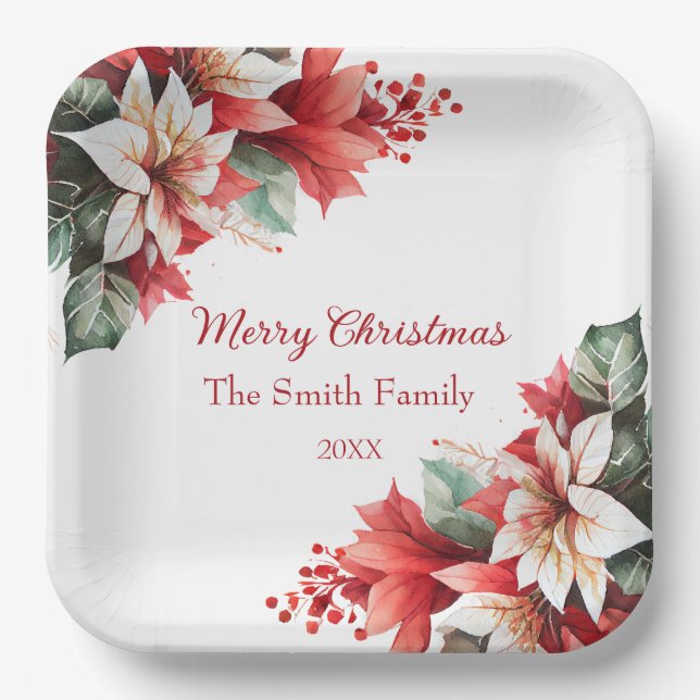 Personalized Christmas Poinsettia Flowers  Paper Plate (Front)