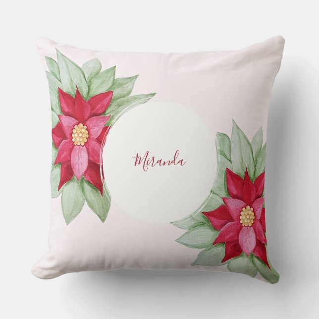 Personalized Christmas Poinsettia Watercolor  Throw Pillow (Front)