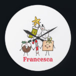 Personalized Christmas Pudding Candy Cane Snowman Large Clock<br><div class="desc">This personalized Christmas clock features the 'Christmas Crew'. A group of cute little Christmas characters that love to have fun and make mischief at Christmas.
The crew includes,  Snowman,  Christmas Stocking,  Star,  Christmas Pudding,  Present and Candy Cane.</div>