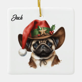 Personalized Christmas Pug with Cowboy Santa Hat Ceramic Ornament
