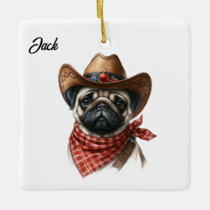 Personalized Christmas Pug with Cowboy Santa Hat Ceramic Ornament