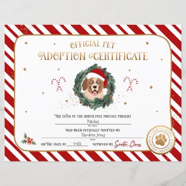 Personalized Christmas Puppy Adoption Certificate (Front)