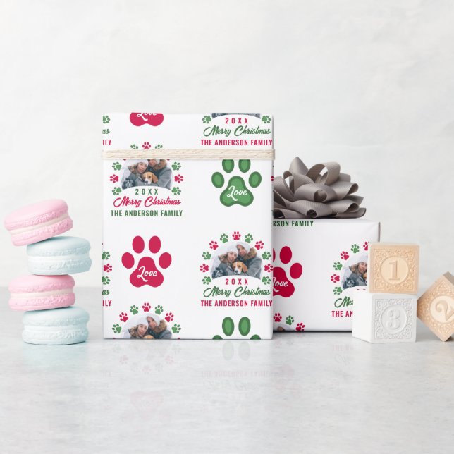 Personalized Christmas Puppy Paws Holiday Photo Wrapping Paper (Baby Shower)