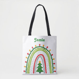 Personalized Christmas Rainbow Red and Green Tote Bag