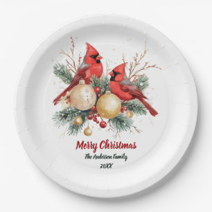 Personalized Christmas Red Cardinal & Berries Paper Plate