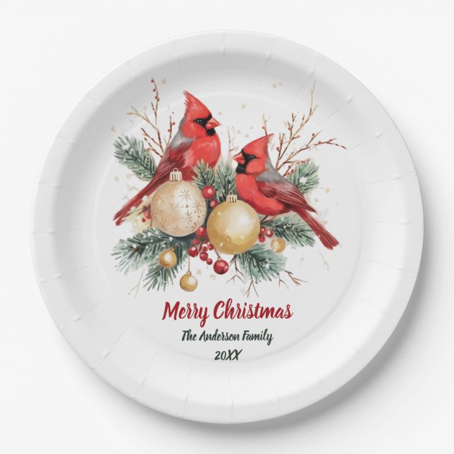 Personalized Christmas Red Cardinal & Berries      Paper Plate (Front)