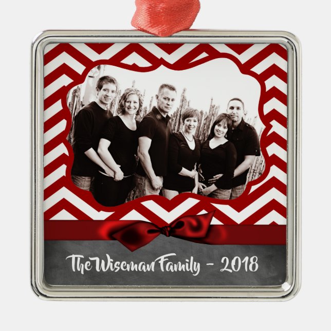 Personalized Christmas Red Chevron PHOTO Ornament (Front)