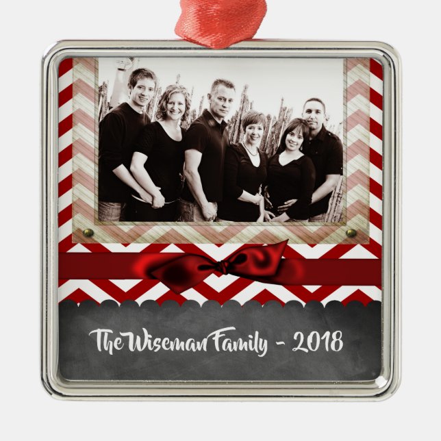 Personalized Christmas Red Chevron PHOTO Ornament (Front)