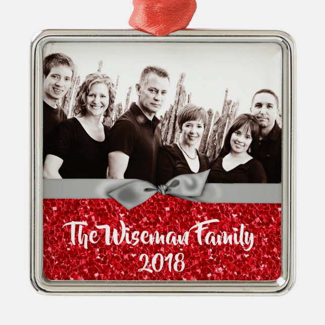 Personalized Christmas Red Glitter PHOTO Ornament (Front)