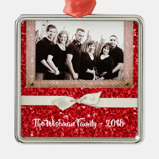 Personalized Christmas Red Glitter PHOTO Ornament (Front)