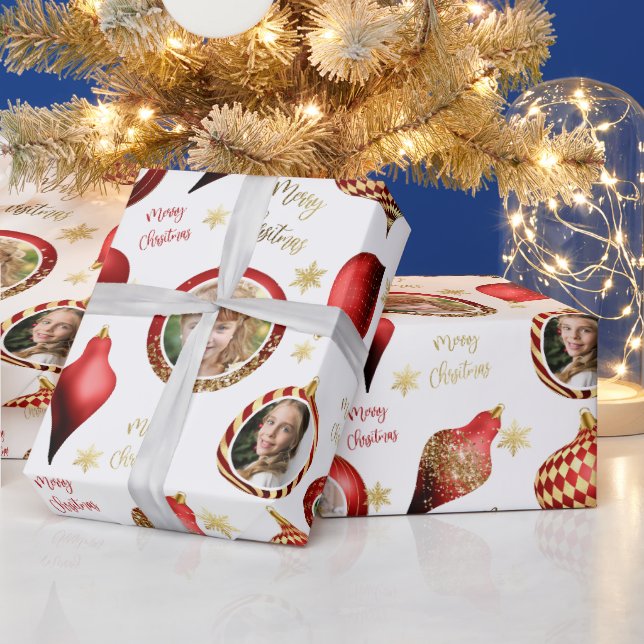 Personalized Christmas Red Gold Photo Ornament Wrapping Paper (Holidays)