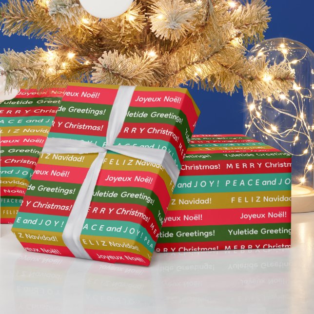 Personalized Christmas Red Green and Gold Stripes Wrapping Paper (Holidays)