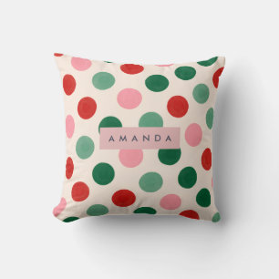 Personalized Christmas Red Green and Pink Polka Throw Pillow