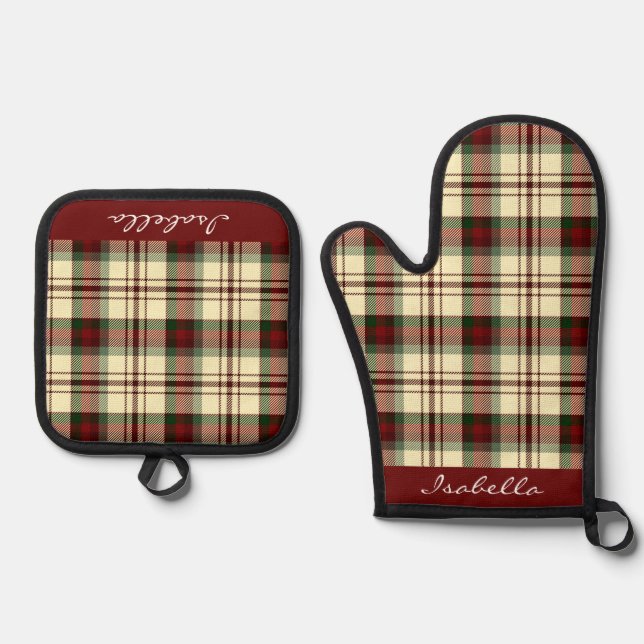 Personalized Christmas Red Green plaid Pattern Oven Mitt & Pot Holder Set (Front)