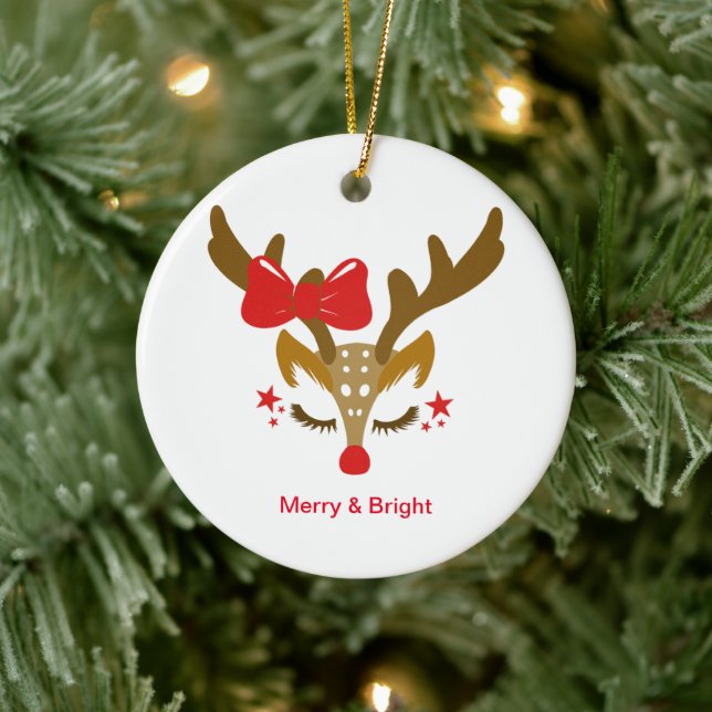 Personalized Christmas Reindeer Face Ceramic Ornament (Tree)
