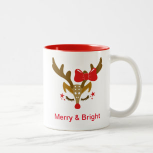 Personalized Christmas Reindeer Face Two-Tone Coffee Mug