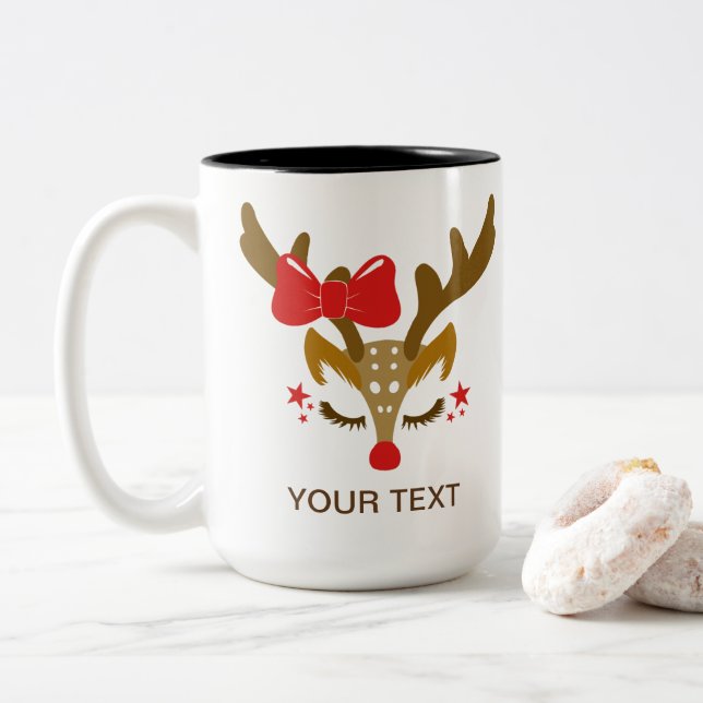 Personalized Christmas Reindeer Face Two-Tone Coffee Mug (With Donut)