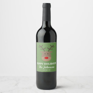 Personalized Christmas reindeer Happy Holidays Wine Label