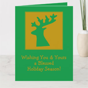 Personalized Christmas Reindeer Head Gold Green Card
