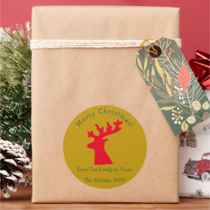 Personalized Christmas Reindeer Head Red and Gold  Classic Round Sticker