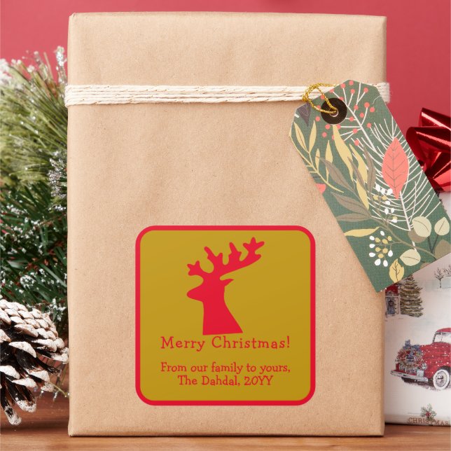 Personalized Christmas Reindeer Head Red and Gold  Square Sticker (Holiday)