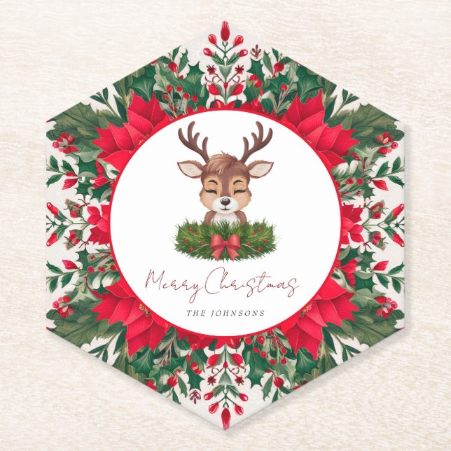 Personalized Christmas reindeer  Paper Coaster (Front)