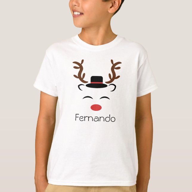 Personalized Christmas Reindeer red nose black hat T-Shirt (Front)