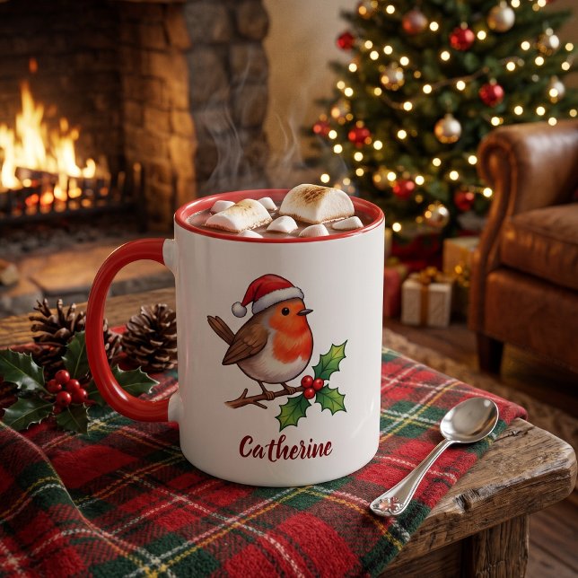Personalized Christmas Robin with Santa Hat Mug (Creator Uploaded)