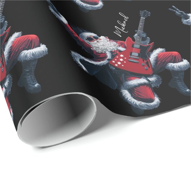 Personalized Christmas Santa Claus Guitar Player   Wrapping Paper (Roll Corner)