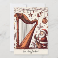 Personalized Christmas Santa Harp Greeting Card