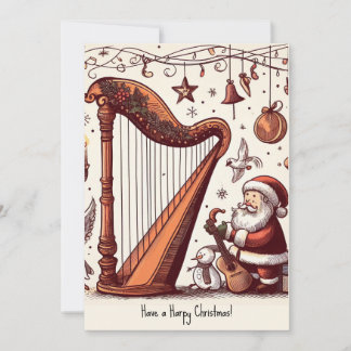 Personalized Christmas Santa Harp Greeting Card