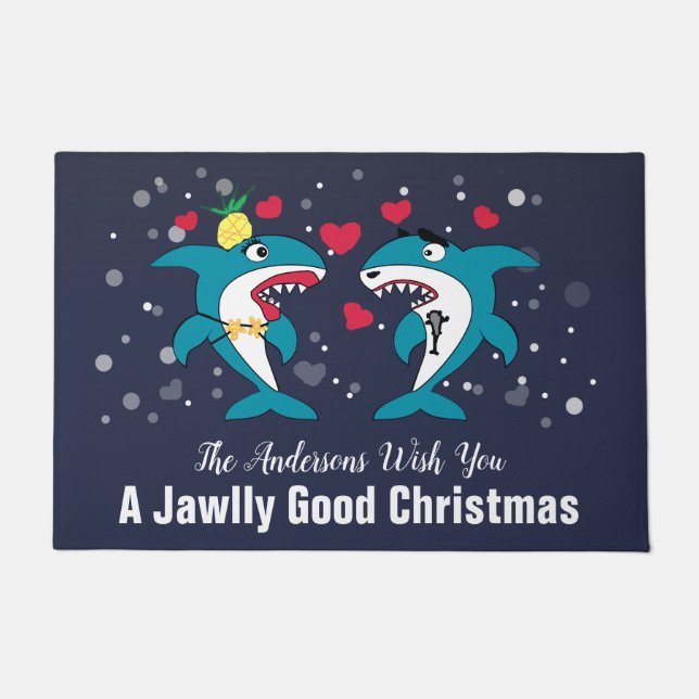 Personalized Christmas Sharks Funny Family Doormat (Front)