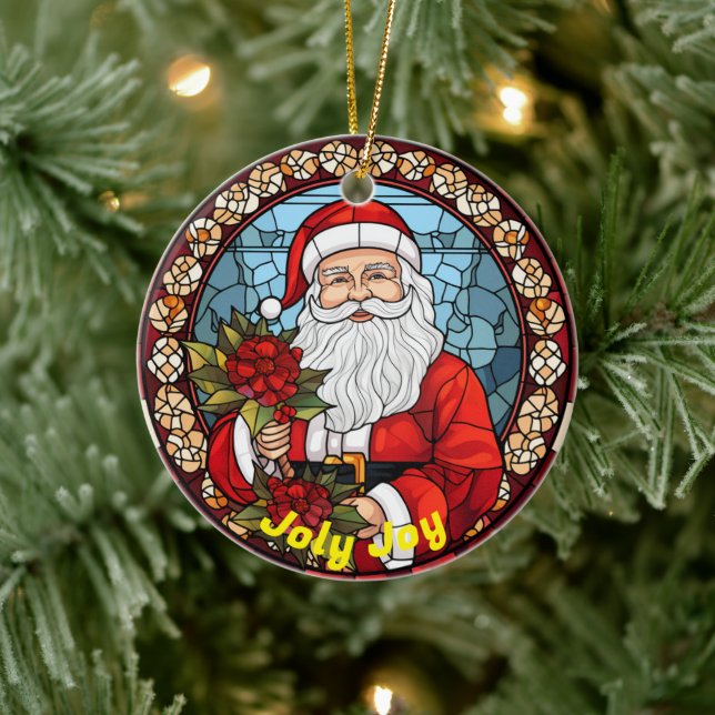 Personalized Christmas Slogan Jolly Joy Santa Ceramic Ornament (Tree)
