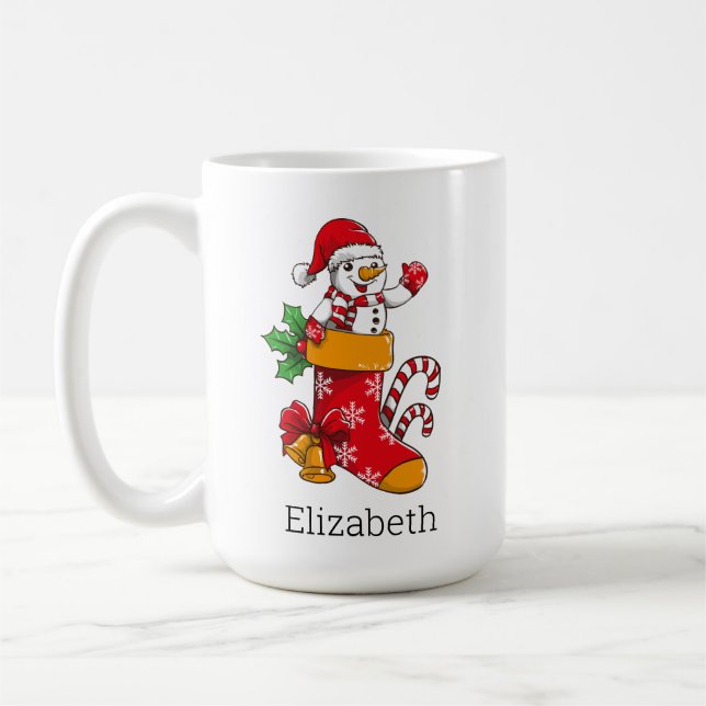 Personalized Christmas Snowman Candy Cane Coffee Coffee Mug (Left)