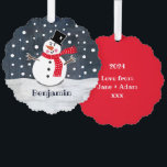 Personalized Christmas Snowman Ornament Card<br><div class="desc">This snowman Christmas snow scene is printed from a collage designed by Helen McCartney Designs.</div>