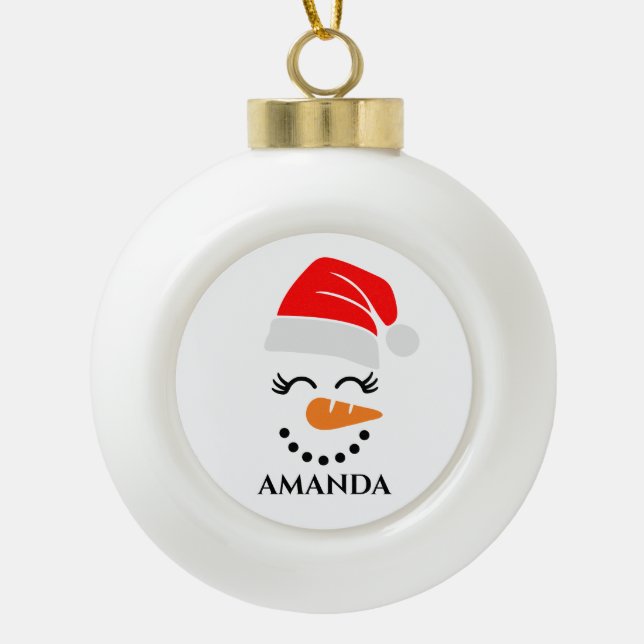 Personalized christmas snowman with custom name ceramic ball christmas ornament (Front)