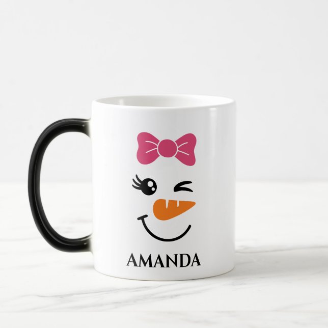 Personalized christmas snowman with custom name magic mug (Left)