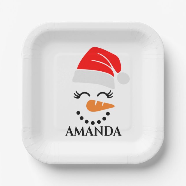 Personalized christmas snowman with custom name  paper plate (Front)