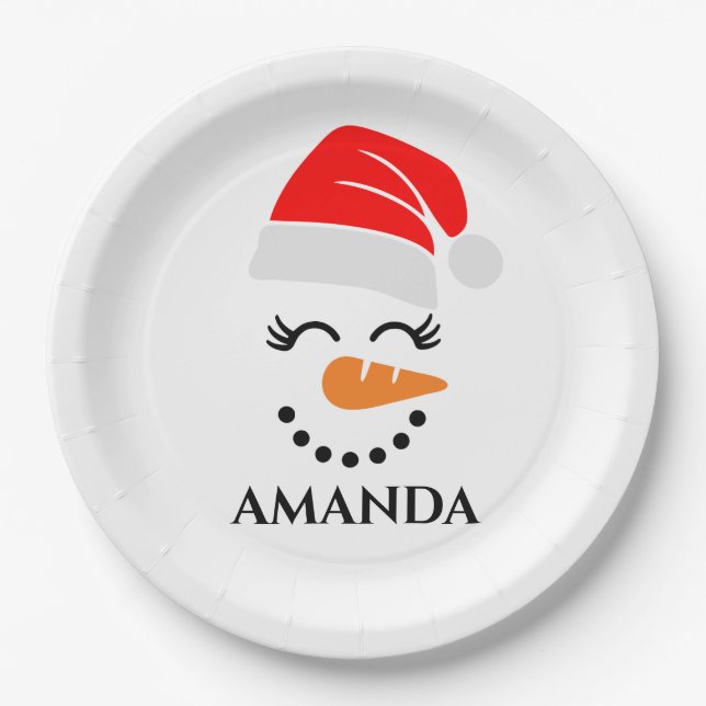 Personalized christmas snowman with custom name   paper plate (Front)