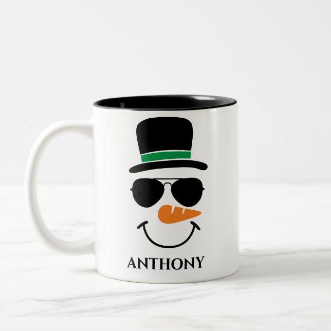 Personalized christmas snowman with custom name   Two-Tone coffee mug (Left)