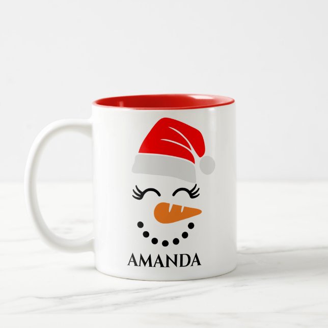 Personalized christmas snowman with custom name Two-Tone coffee mug (Left)