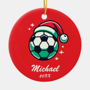 Personalized Christmas Soccer Ball with Santa Hat Ceramic Ornament