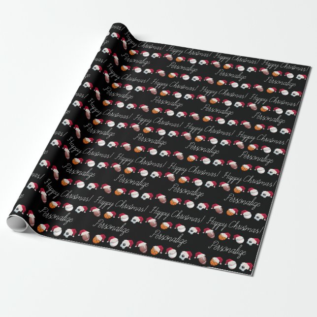 Personalized Christmas Sports Balls Santa Holiday  Wrapping Paper (Unrolled)