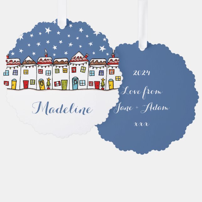Personalized Christmas Street Snow Scene Ornament Card (Front/Back)